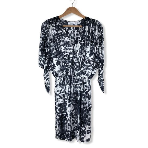 Parker Catalina Mini Dress in Gazette Print Black White size XS Dolman Surplice - Picture 4 of 15